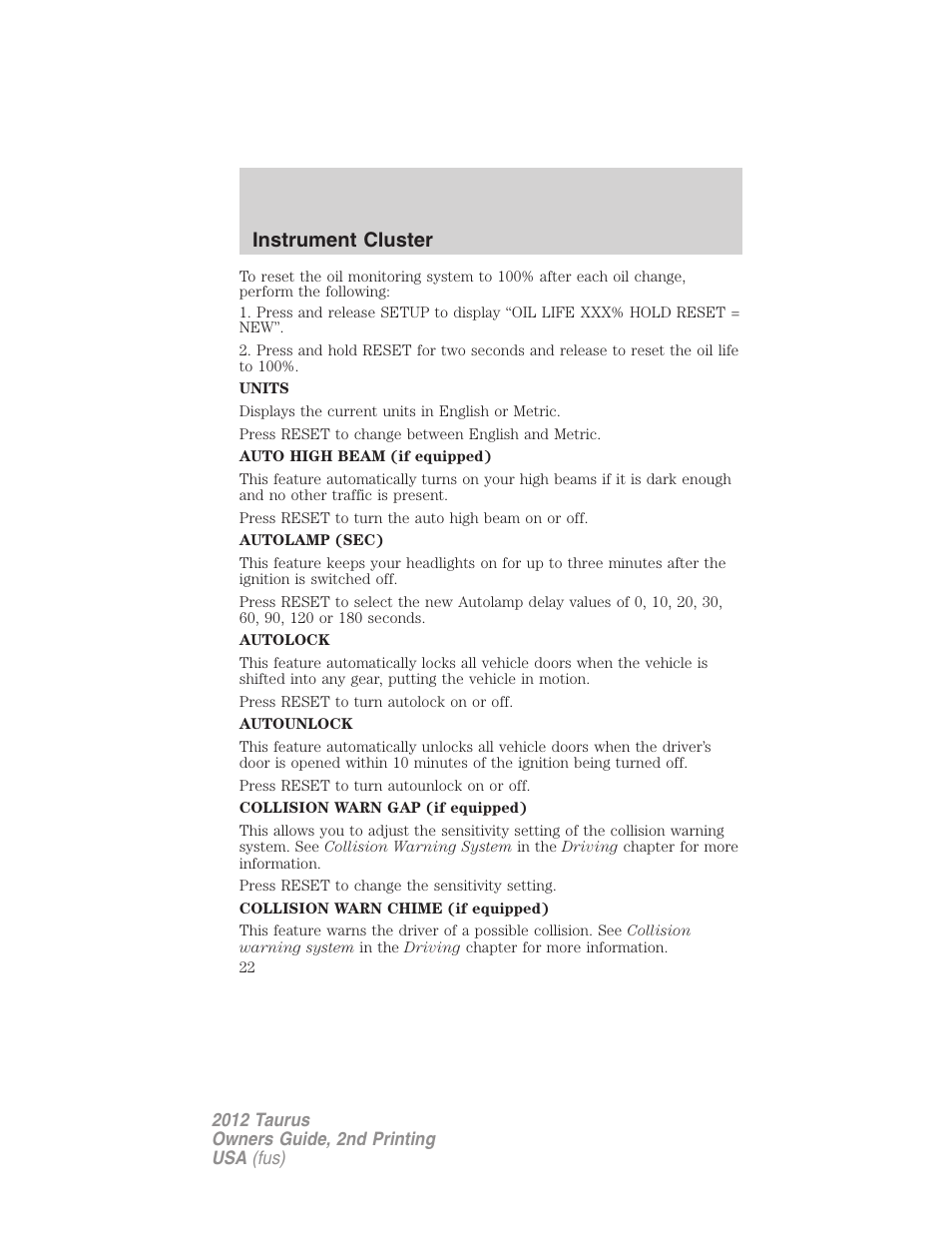 Instrument cluster | FORD 2012 Taurus v.2 User Manual | Page 22 / 406