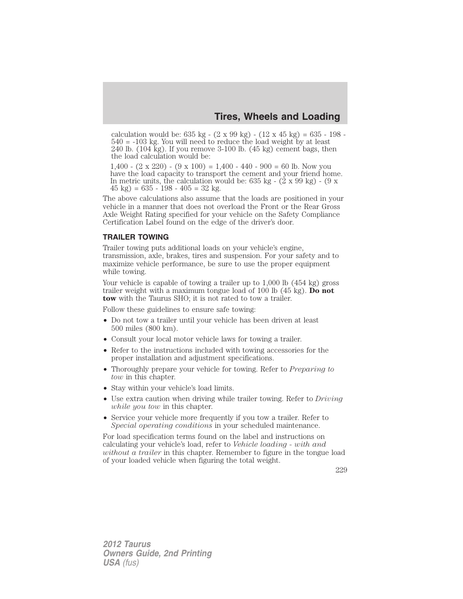 Trailer towing, Tires, wheels and loading | FORD 2012 Taurus v.2 User Manual | Page 229 / 406