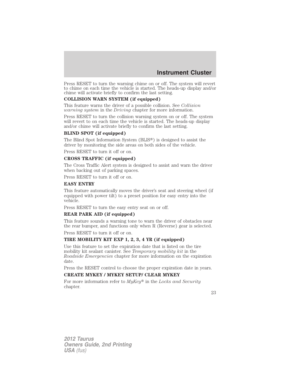 Instrument cluster | FORD 2012 Taurus v.2 User Manual | Page 23 / 406