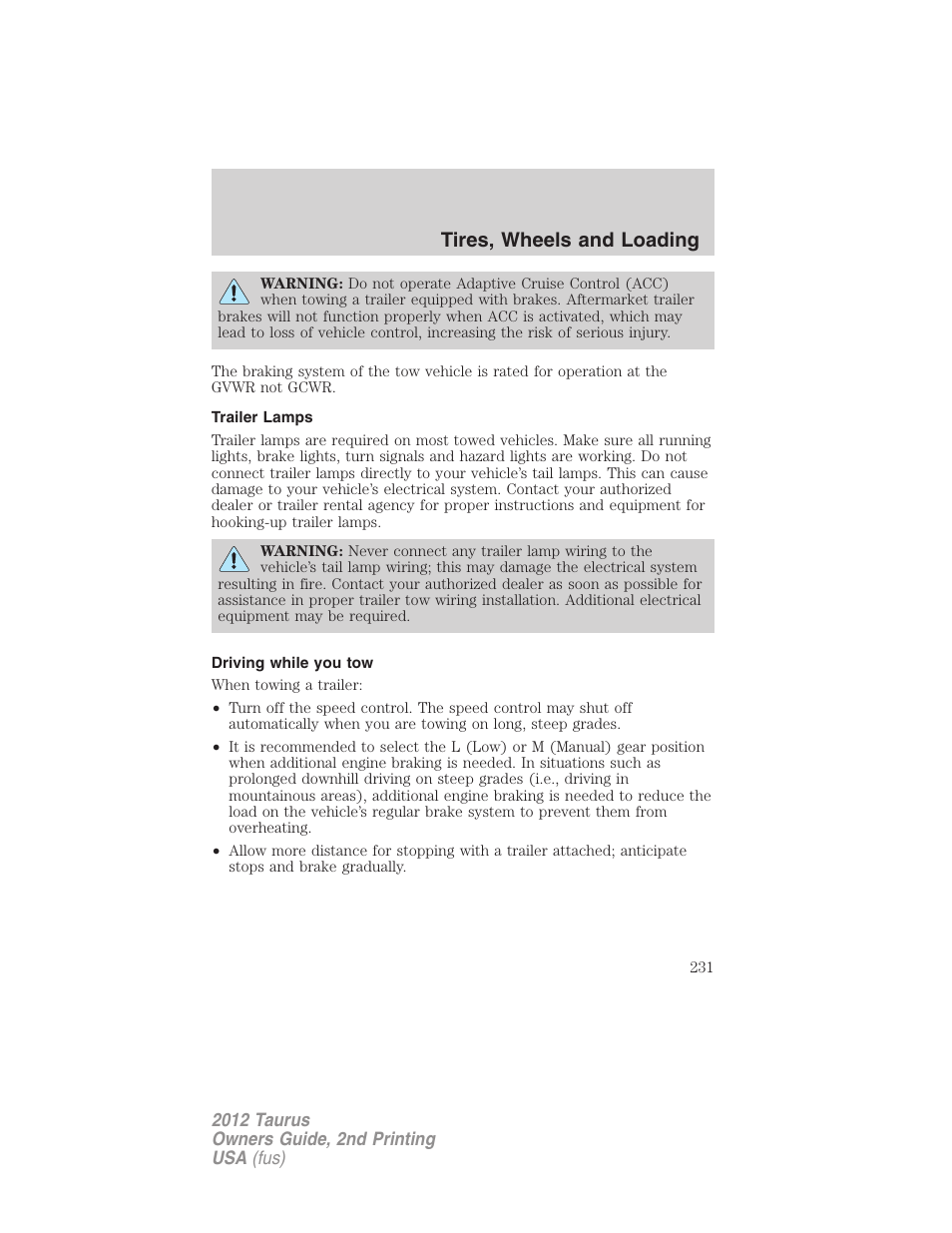 Trailer lamps, Driving while you tow, Tires, wheels and loading | FORD 2012 Taurus v.2 User Manual | Page 231 / 406