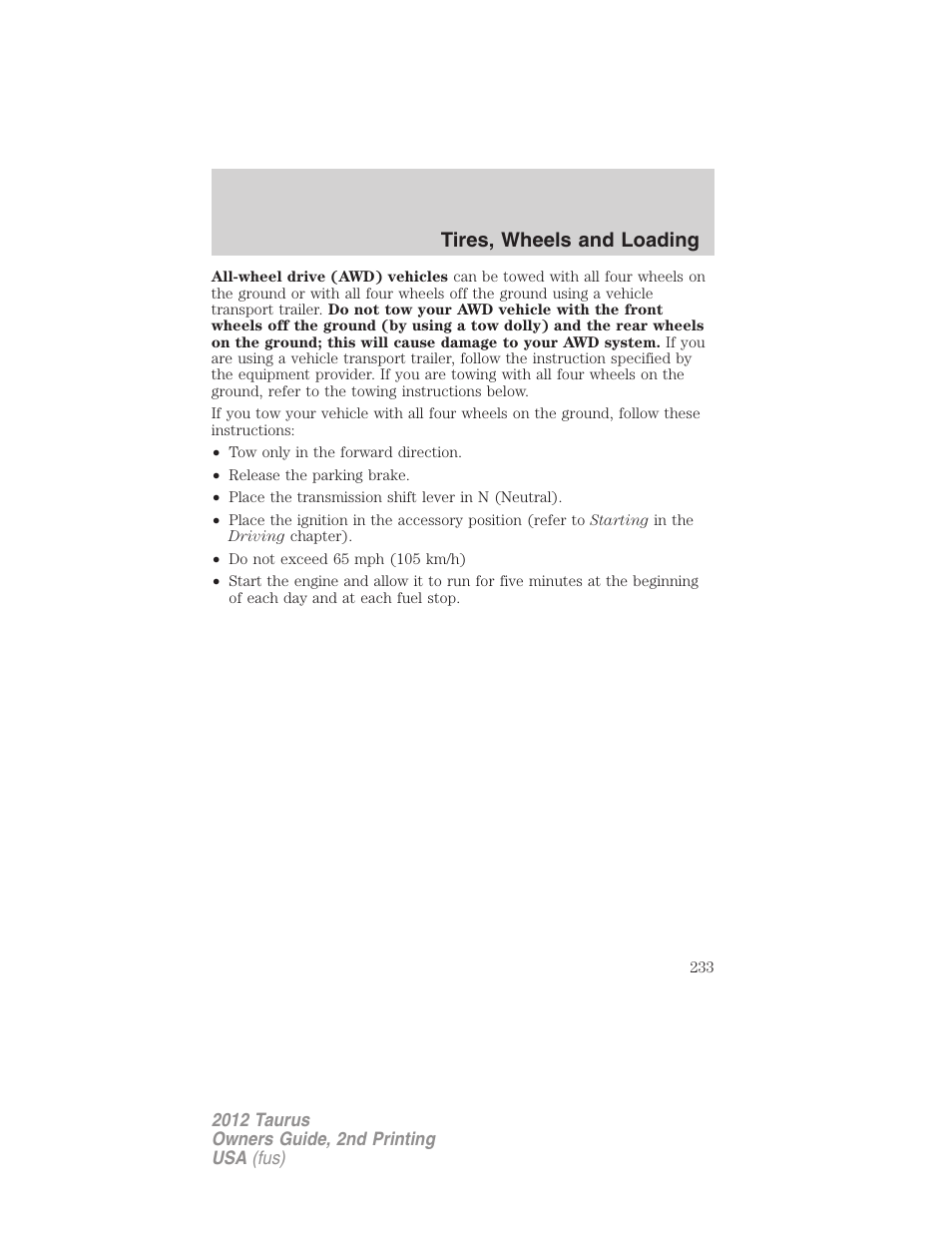 Tires, wheels and loading | FORD 2012 Taurus v.2 User Manual | Page 233 / 406