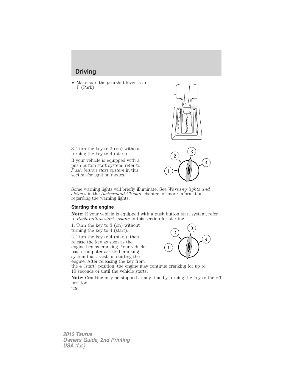 Starting the engine, Driving | FORD 2012 Taurus v.2 User Manual | Page 236 / 406