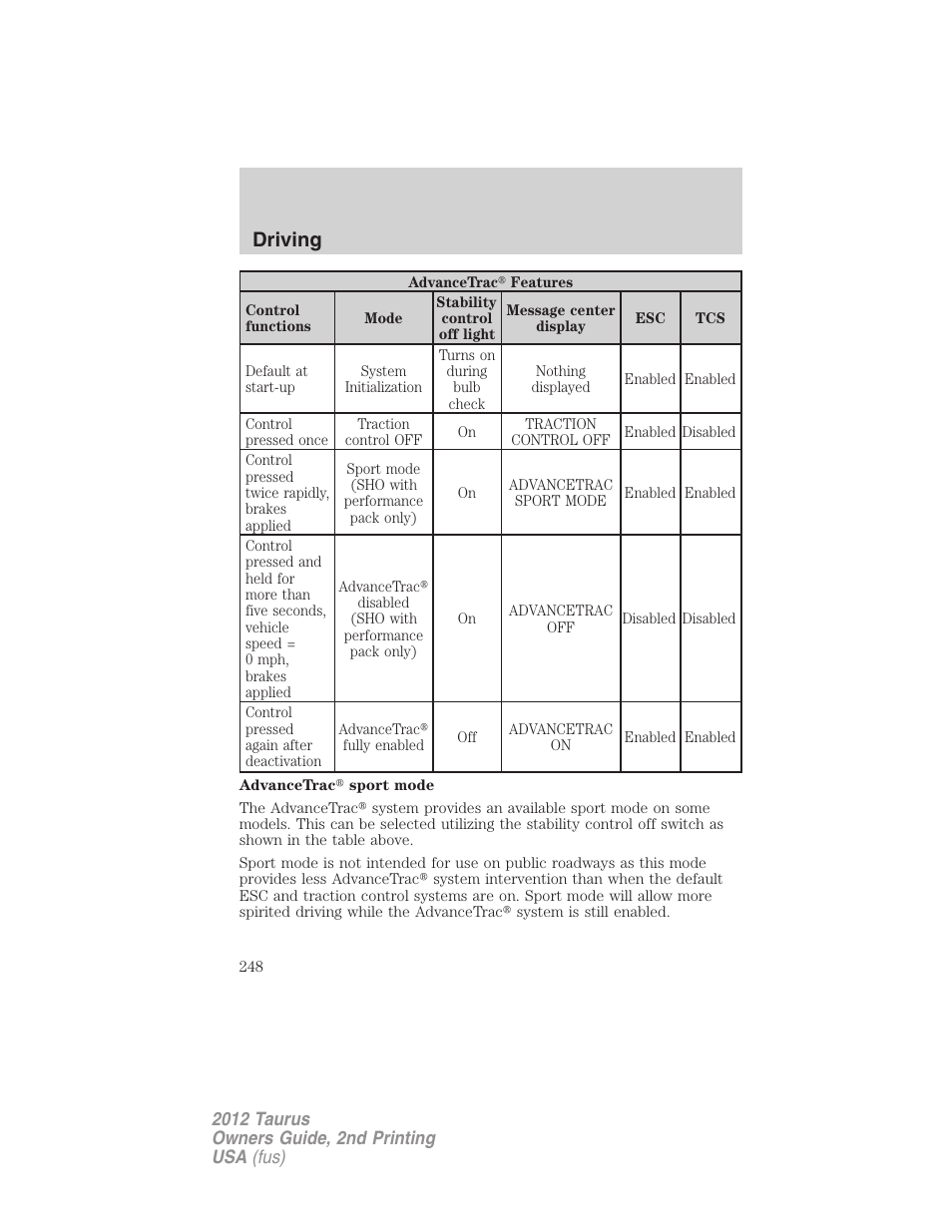 Driving | FORD 2012 Taurus v.2 User Manual | Page 248 / 406