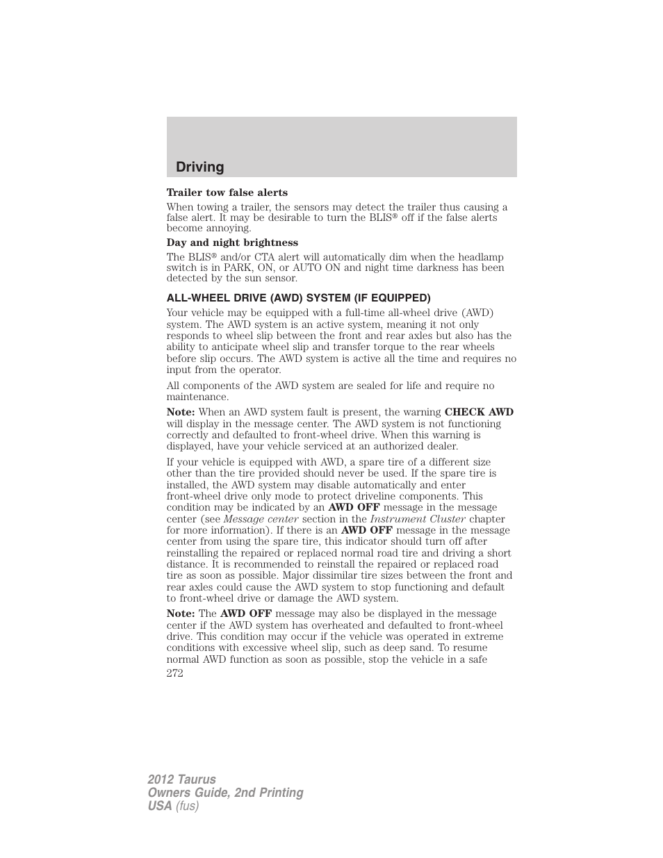 All-wheel drive (awd) system (if equipped), All wheel drive, Driving | FORD 2012 Taurus v.2 User Manual | Page 272 / 406