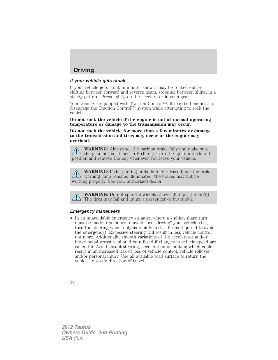 If your vehicle gets stuck, Emergency maneuvers, Driving | FORD 2012 Taurus v.2 User Manual | Page 274 / 406