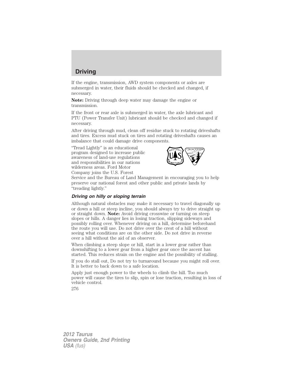 Driving on hilly or sloping terrain, Driving | FORD 2012 Taurus v.2 User Manual | Page 276 / 406