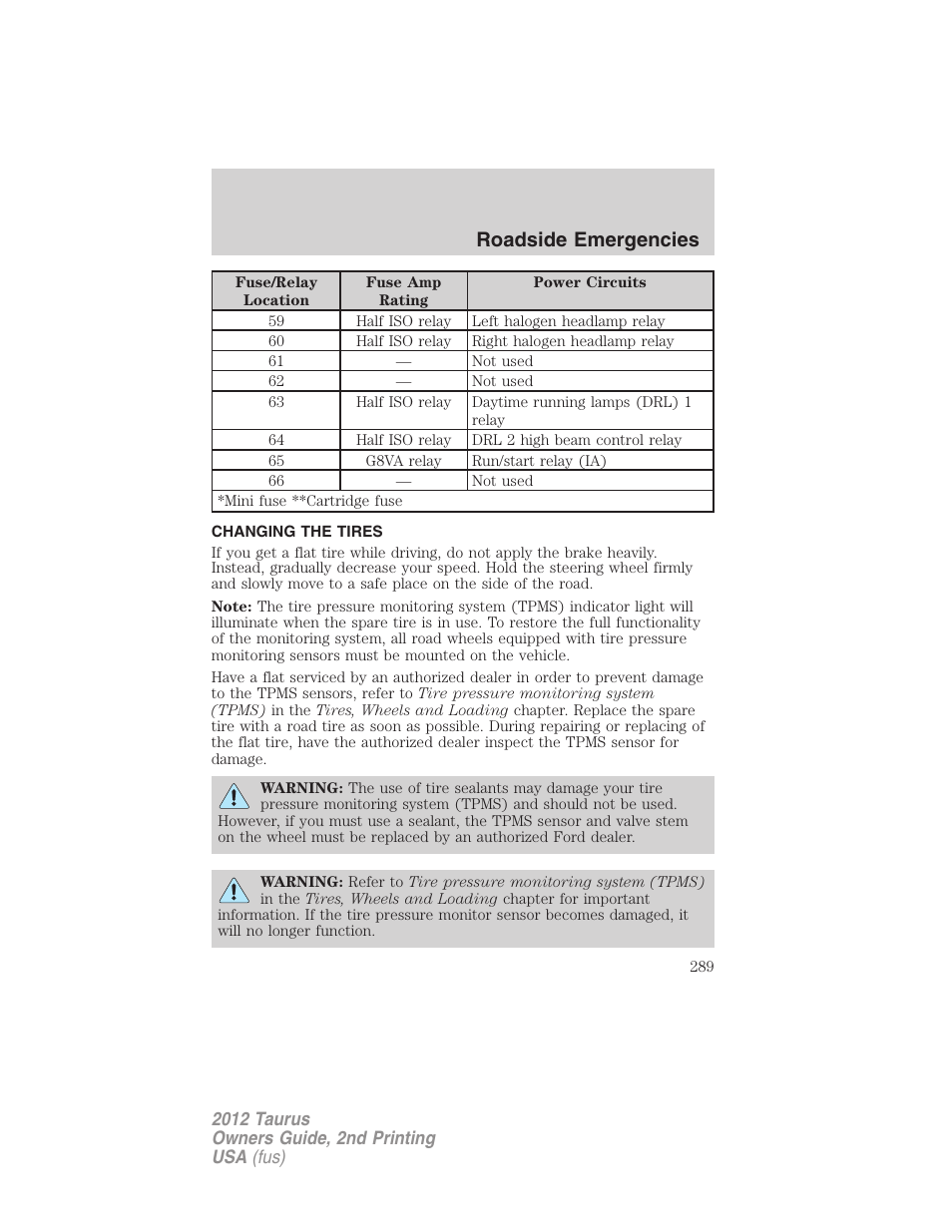 Changing the tires, Changing tires, Roadside emergencies | FORD 2012 Taurus v.2 User Manual | Page 289 / 406