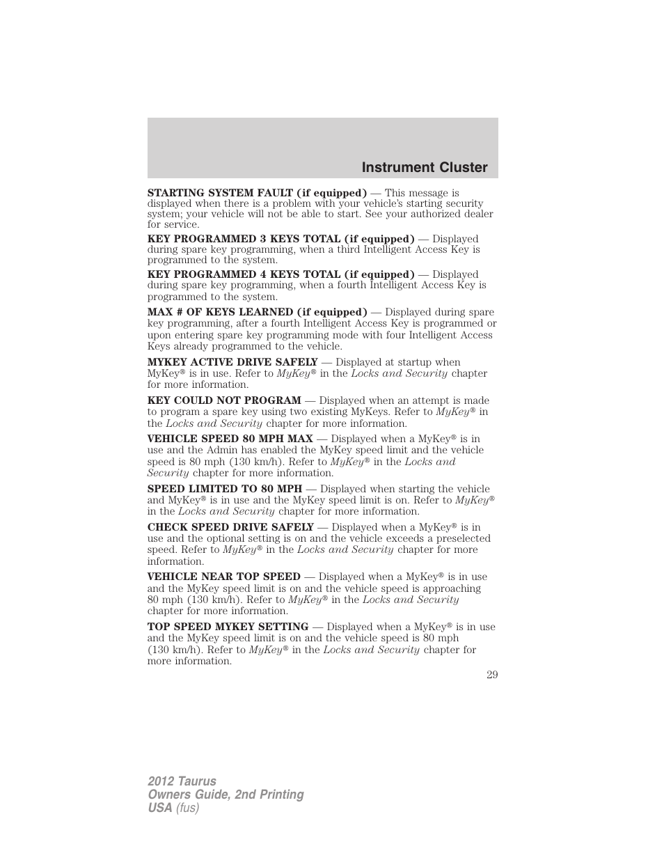 Instrument cluster | FORD 2012 Taurus v.2 User Manual | Page 29 / 406