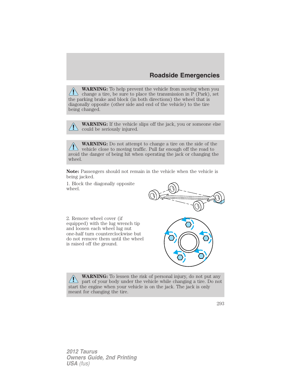 Roadside emergencies | FORD 2012 Taurus v.2 User Manual | Page 293 / 406