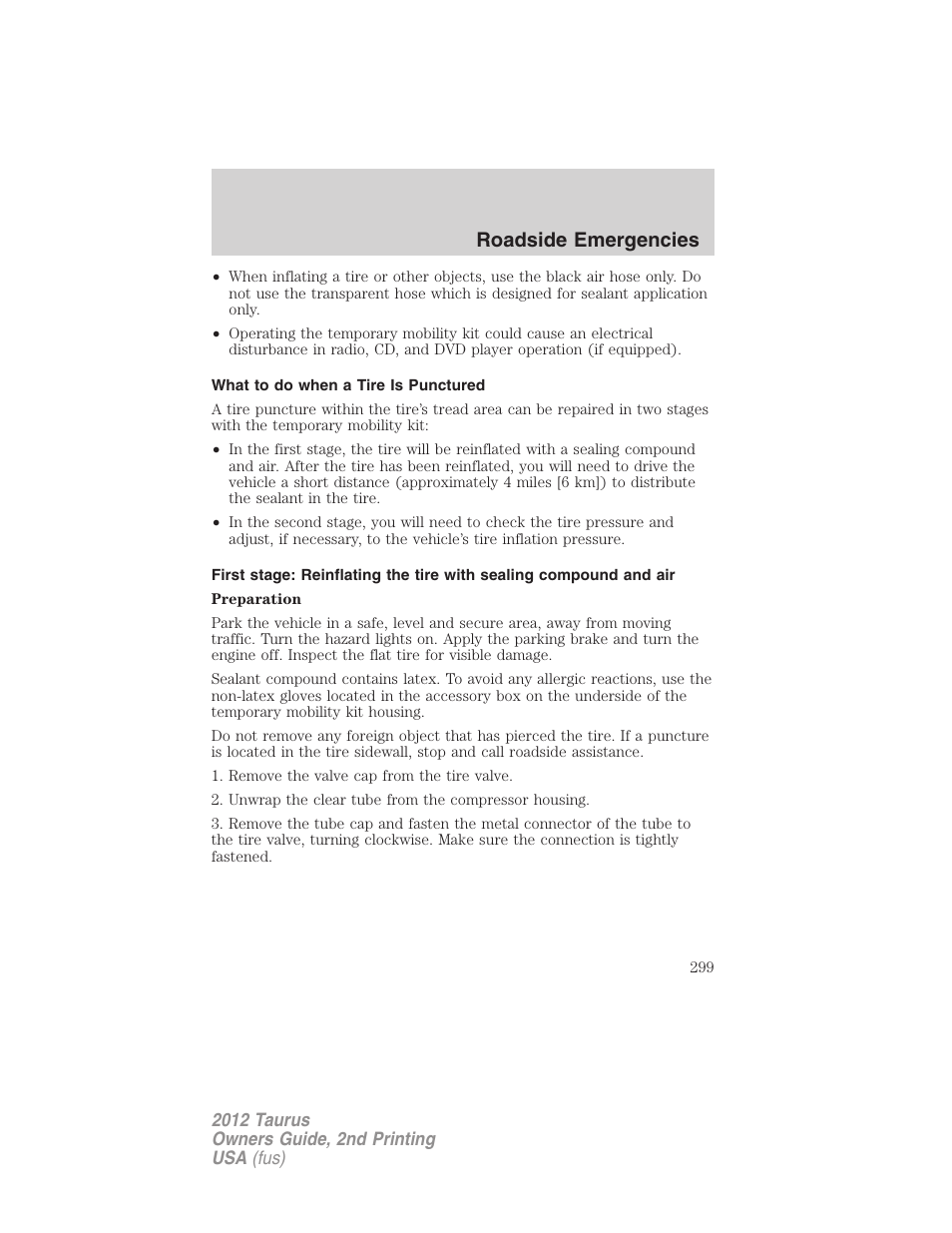 What to do when a tire is punctured, Roadside emergencies | FORD 2012 Taurus v.2 User Manual | Page 299 / 406