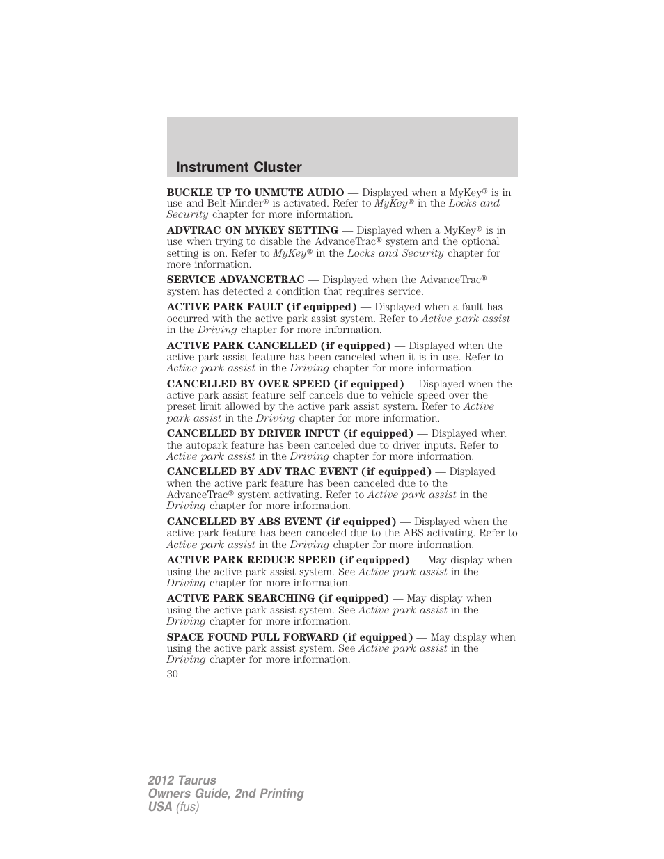 Instrument cluster | FORD 2012 Taurus v.2 User Manual | Page 30 / 406