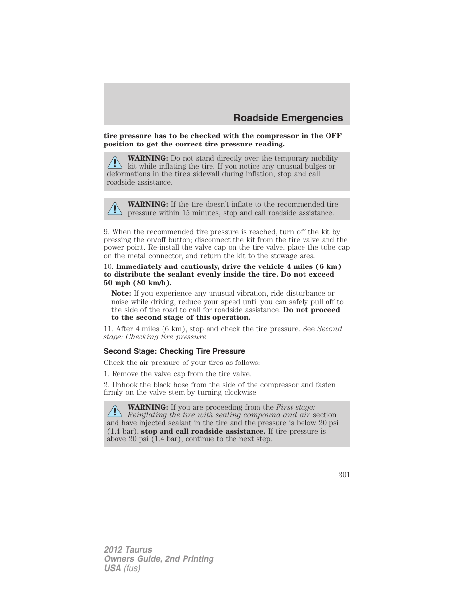 Second stage: checking tire pressure, Roadside emergencies | FORD 2012 Taurus v.2 User Manual | Page 301 / 406