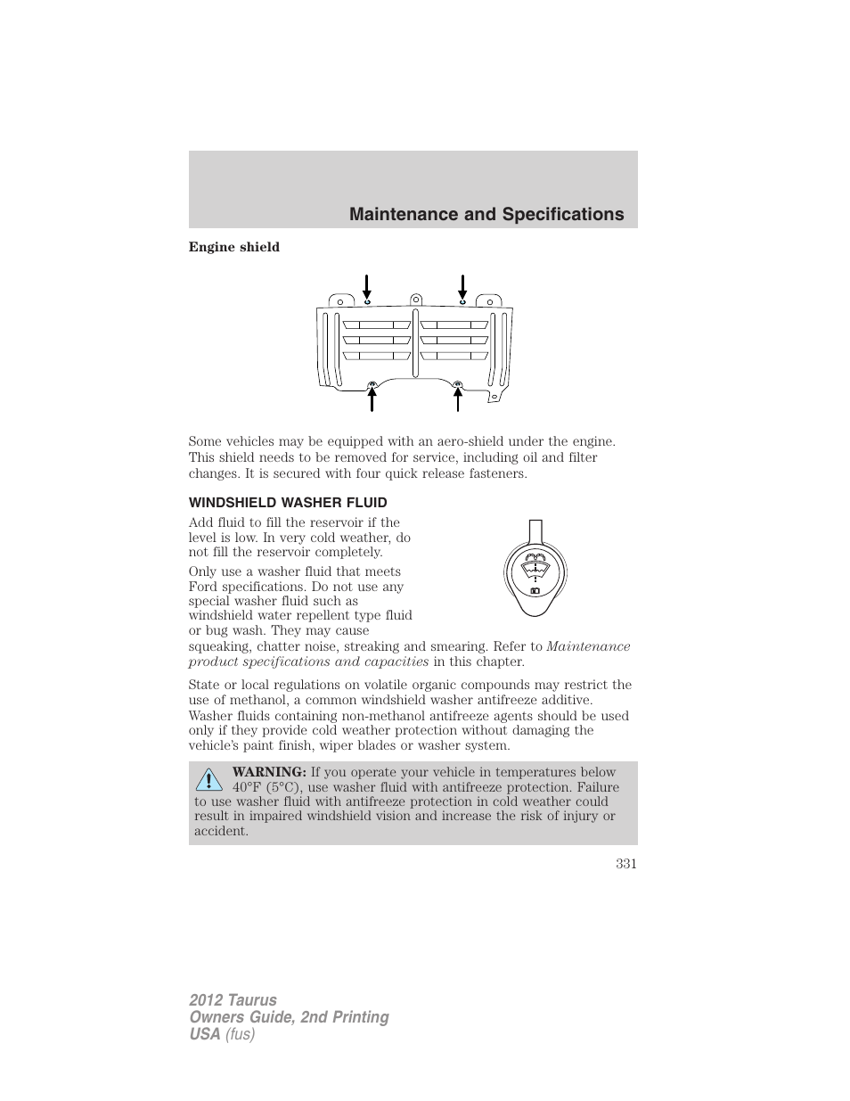 Windshield washer fluid, Maintenance and specifications | FORD 2012 Taurus v.2 User Manual | Page 331 / 406