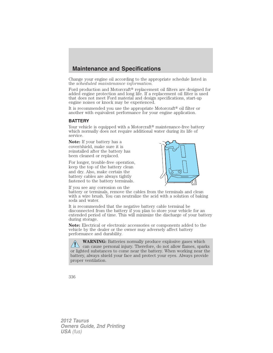 Battery, Maintenance and specifications | FORD 2012 Taurus v.2 User Manual | Page 336 / 406