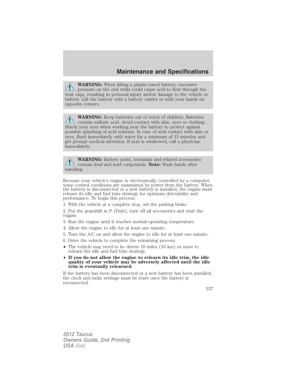 Maintenance and specifications | FORD 2012 Taurus v.2 User Manual | Page 337 / 406