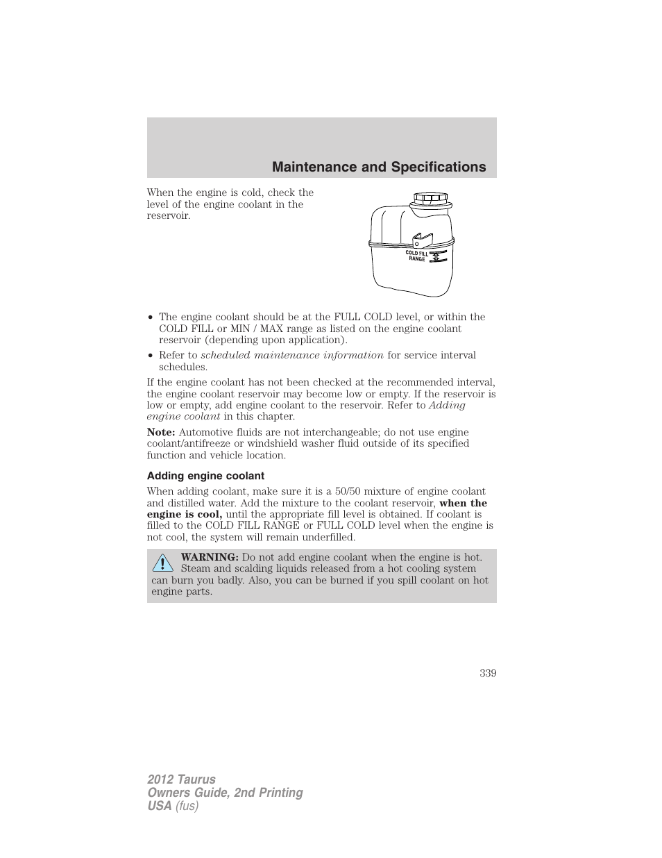 Adding engine coolant, Maintenance and specifications | FORD 2012 Taurus v.2 User Manual | Page 339 / 406