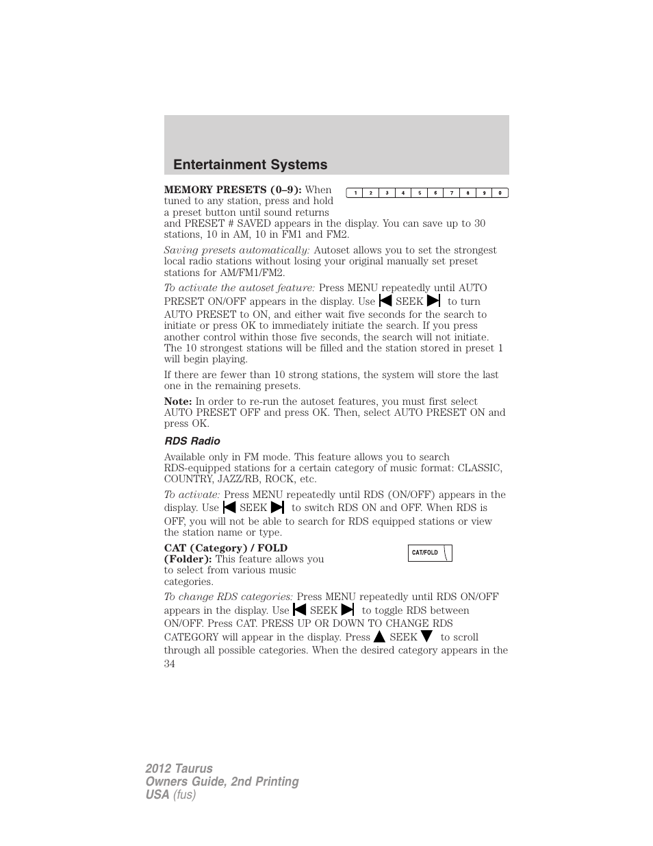 Rds radio, Entertainment systems | FORD 2012 Taurus v.2 User Manual | Page 34 / 406