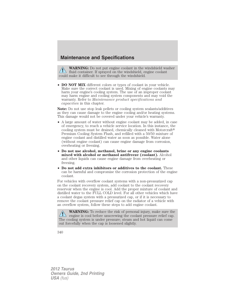 Maintenance and specifications | FORD 2012 Taurus v.2 User Manual | Page 340 / 406