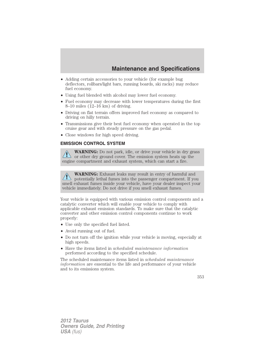Emission control system, Maintenance and specifications | FORD 2012 Taurus v.2 User Manual | Page 353 / 406