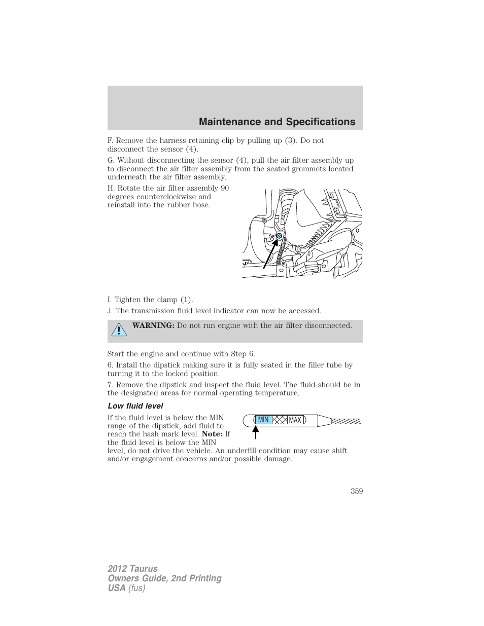 Low fluid level, Maintenance and specifications | FORD 2012 Taurus v.2 User Manual | Page 359 / 406