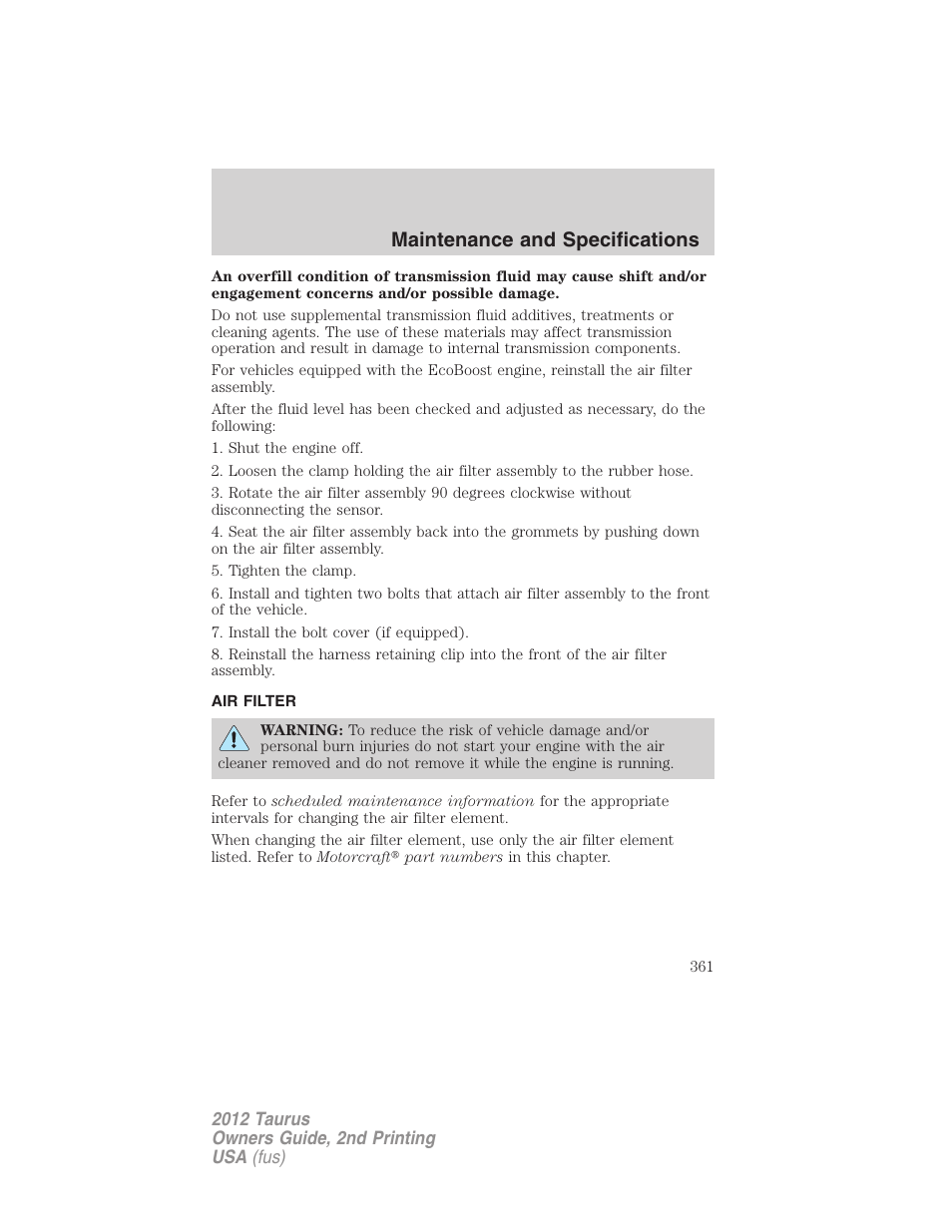 Air filter, Air filter(s), Maintenance and specifications | FORD 2012 Taurus v.2 User Manual | Page 361 / 406