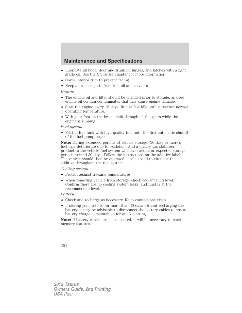 Maintenance and specifications | FORD 2012 Taurus v.2 User Manual | Page 364 / 406