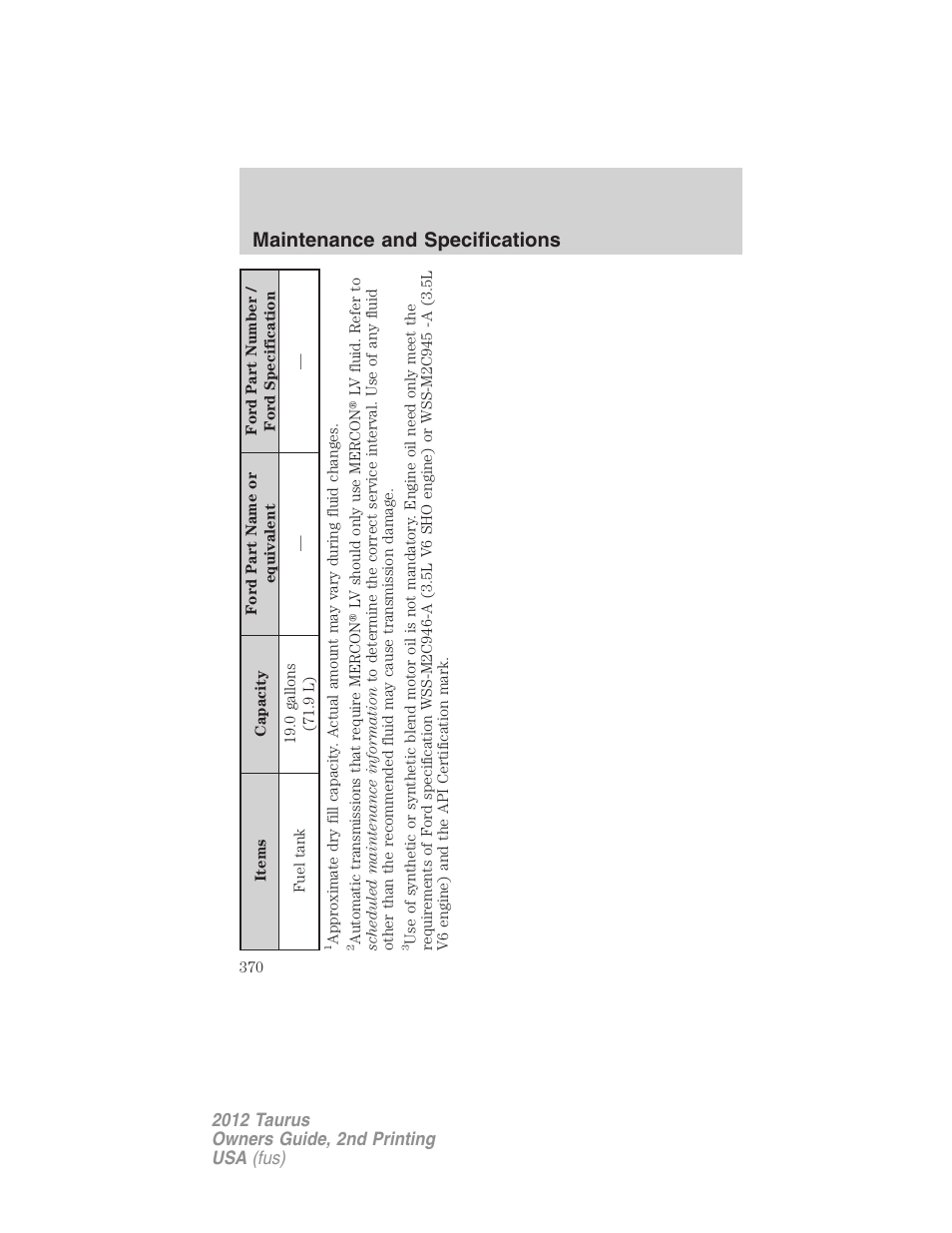 Maintenance and specifications | FORD 2012 Taurus v.2 User Manual | Page 370 / 406