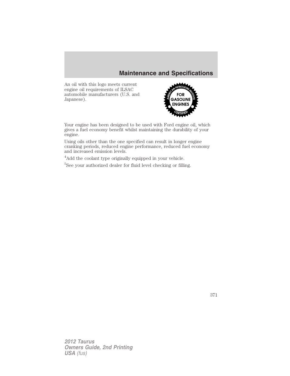 Maintenance and specifications | FORD 2012 Taurus v.2 User Manual | Page 371 / 406