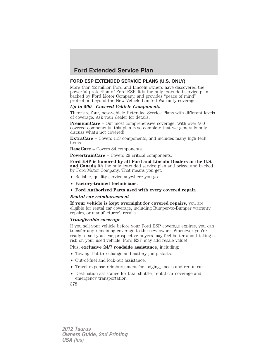 Ford extended service plan, Ford esp extended service plans (u.s. only) | FORD 2012 Taurus v.2 User Manual | Page 378 / 406
