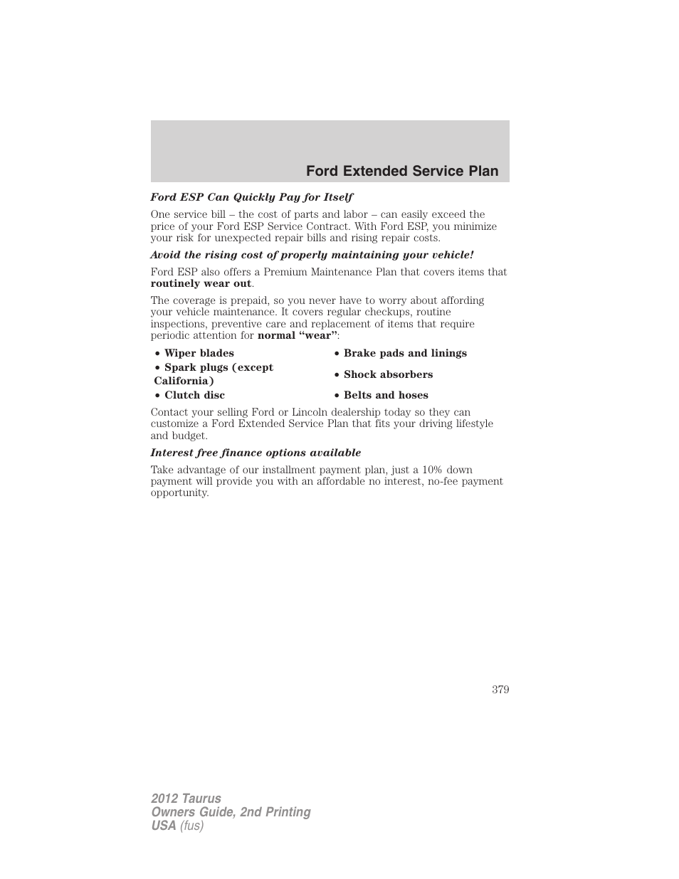 Ford extended service plan | FORD 2012 Taurus v.2 User Manual | Page 379 / 406