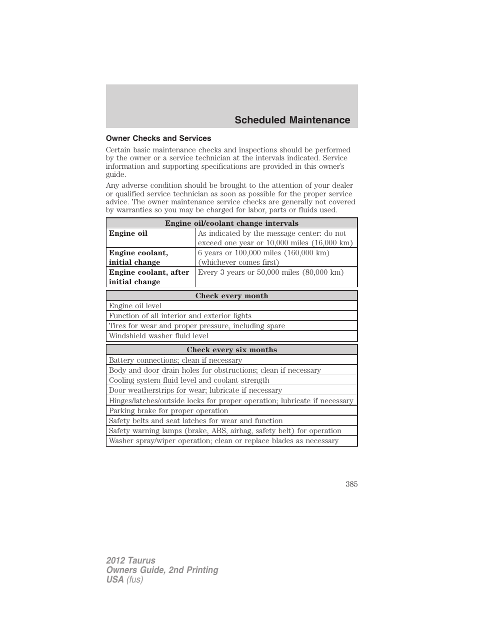Owner checks and services, Scheduled maintenance | FORD 2012 Taurus v.2 User Manual | Page 385 / 406