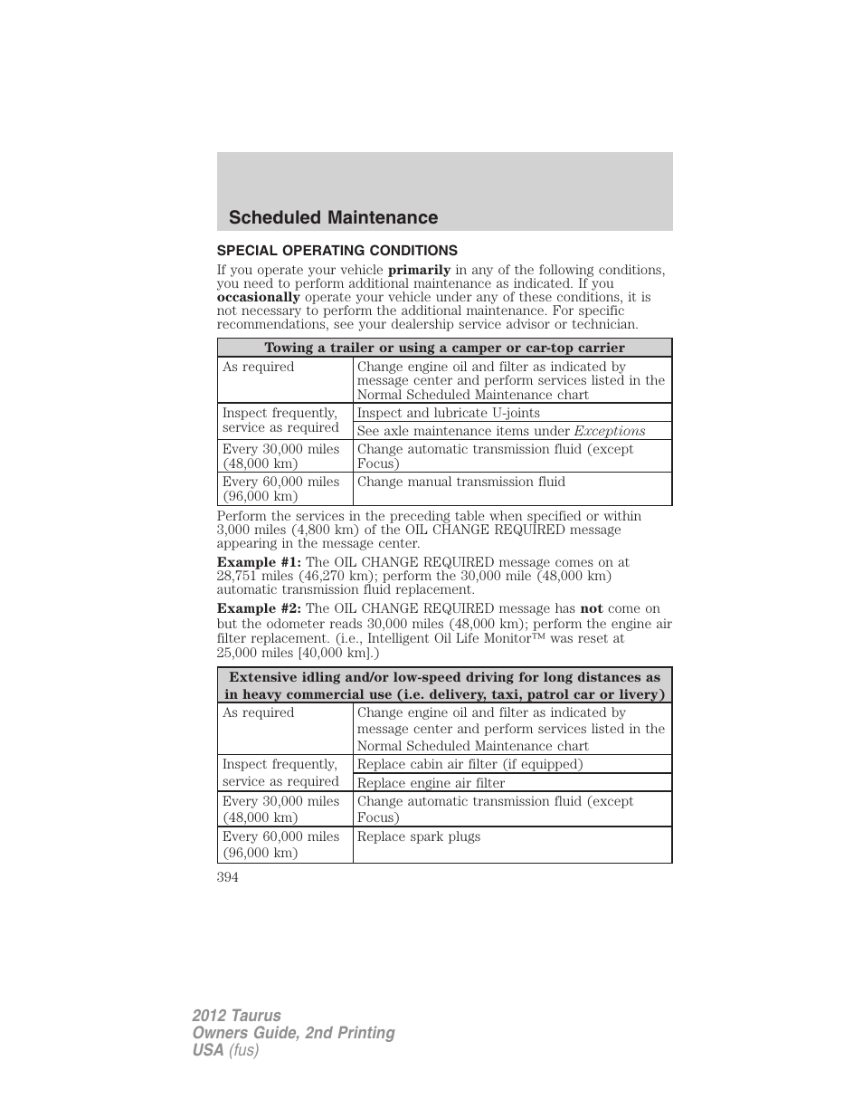 Special operating conditions, Scheduled maintenance | FORD 2012 Taurus v.2 User Manual | Page 394 / 406