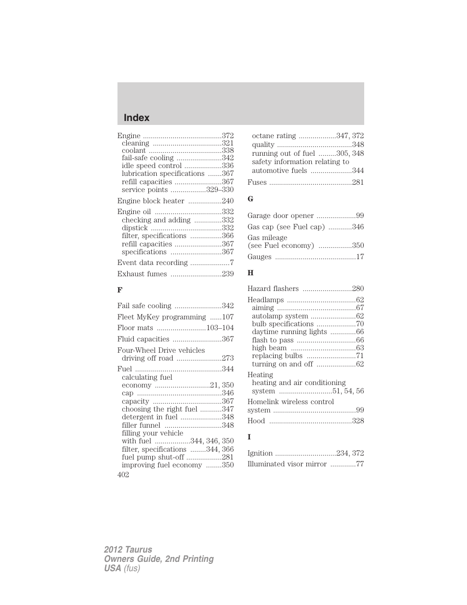 Index | FORD 2012 Taurus v.2 User Manual | Page 402 / 406