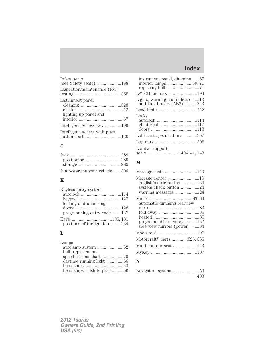 Index | FORD 2012 Taurus v.2 User Manual | Page 403 / 406