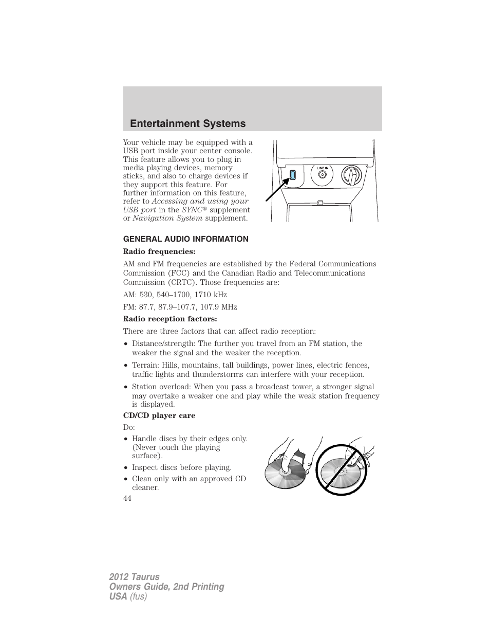 General audio information, Entertainment systems | FORD 2012 Taurus v.2 User Manual | Page 44 / 406