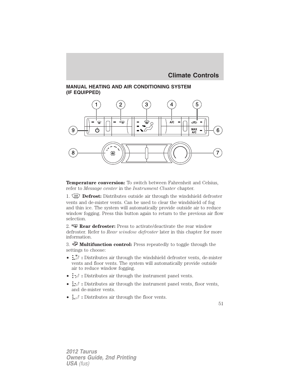 Climate controls, Manual heating and air conditioning | FORD 2012 Taurus v.2 User Manual | Page 51 / 406