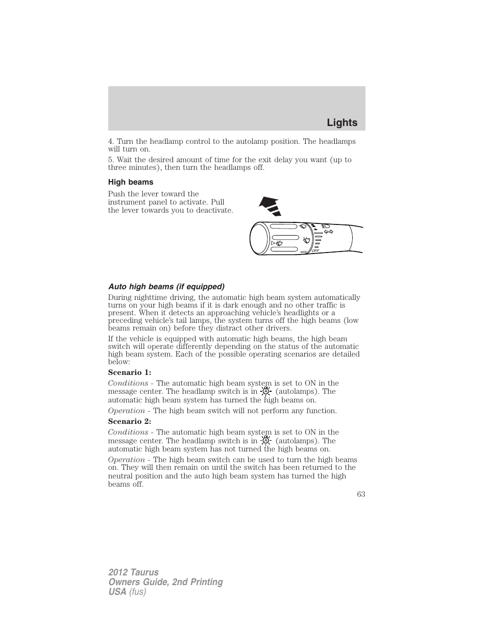 High beams, Auto high beams (if equipped), Lights | FORD 2012 Taurus v.2 User Manual | Page 63 / 406