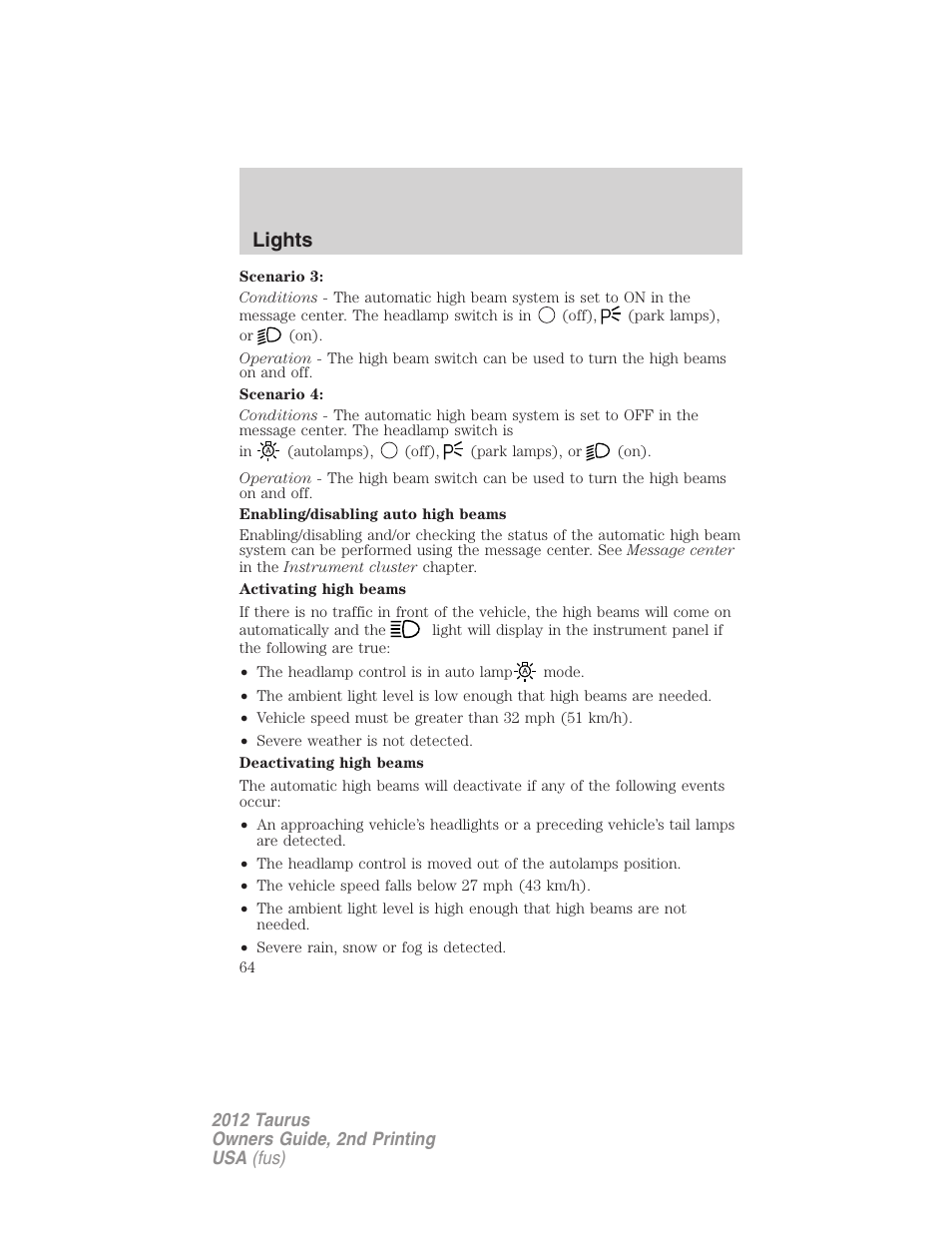 Lights | FORD 2012 Taurus v.2 User Manual | Page 64 / 406