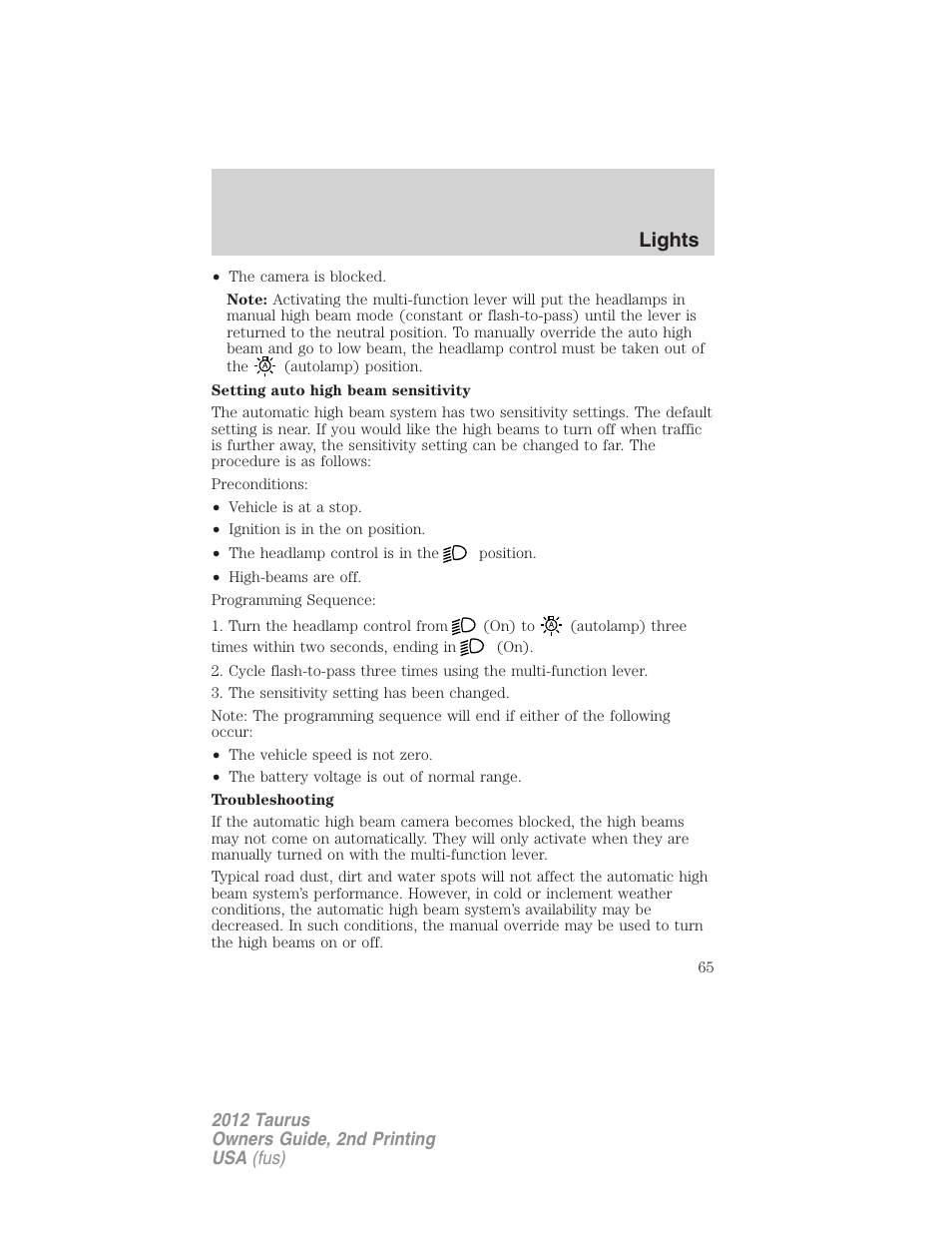 Lights | FORD 2012 Taurus v.2 User Manual | Page 65 / 406