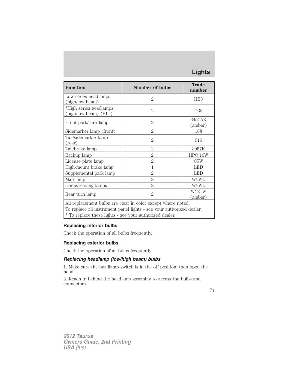 Replacing interior bulbs, Replacing exterior bulbs, Replacing headlamp (low/high beam) bulbs | Lights | FORD 2012 Taurus v.2 User Manual | Page 71 / 406