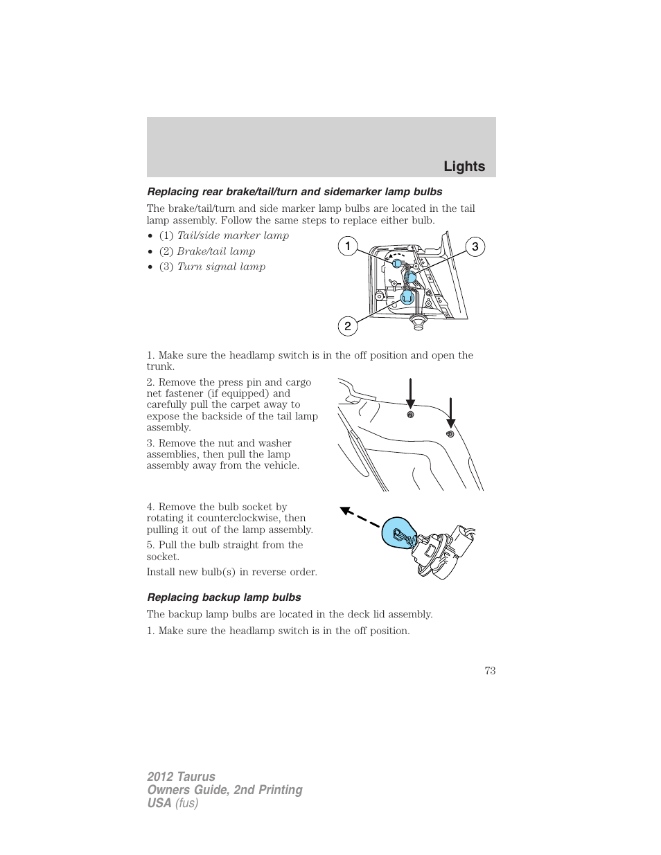 Replacing backup lamp bulbs, Lights | FORD 2012 Taurus v.2 User Manual | Page 73 / 406