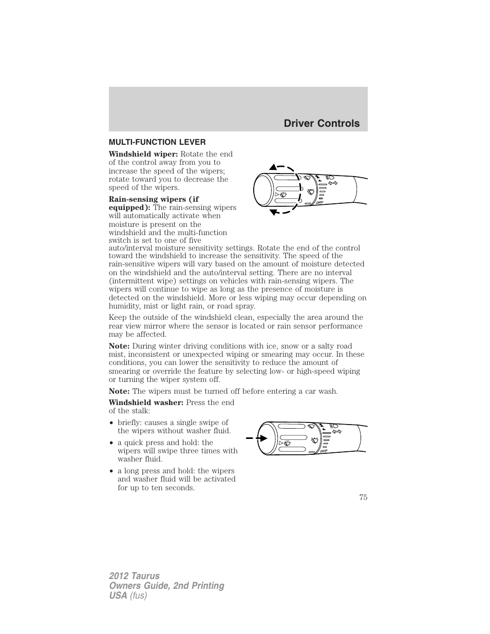 Driver controls, Multi-function lever, Windshield wiper/washer control | FORD 2012 Taurus v.2 User Manual | Page 75 / 406