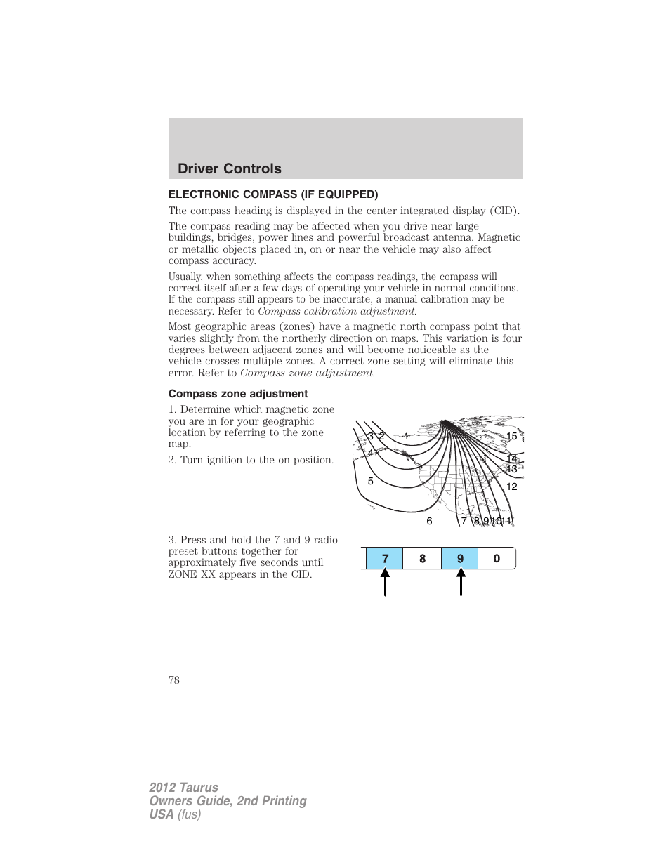 Electronic compass (if equipped), Compass zone adjustment, Driver controls | FORD 2012 Taurus v.2 User Manual | Page 78 / 406
