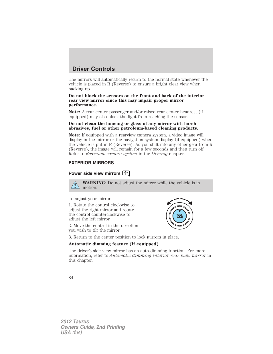 Exterior mirrors, Power side view mirrors, Driver controls | FORD 2012 Taurus v.2 User Manual | Page 84 / 406