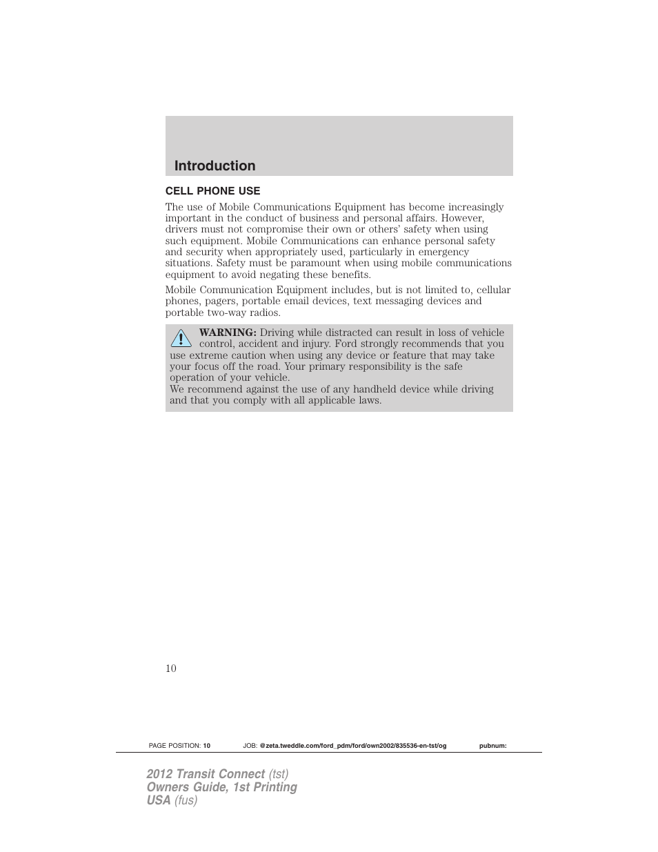 Cell phone use, Introduction | FORD 2012 Transit Connect User Manual | Page 10 / 299