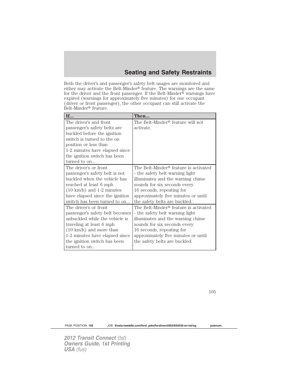 Seating and safety restraints | FORD 2012 Transit Connect User Manual | Page 105 / 299
