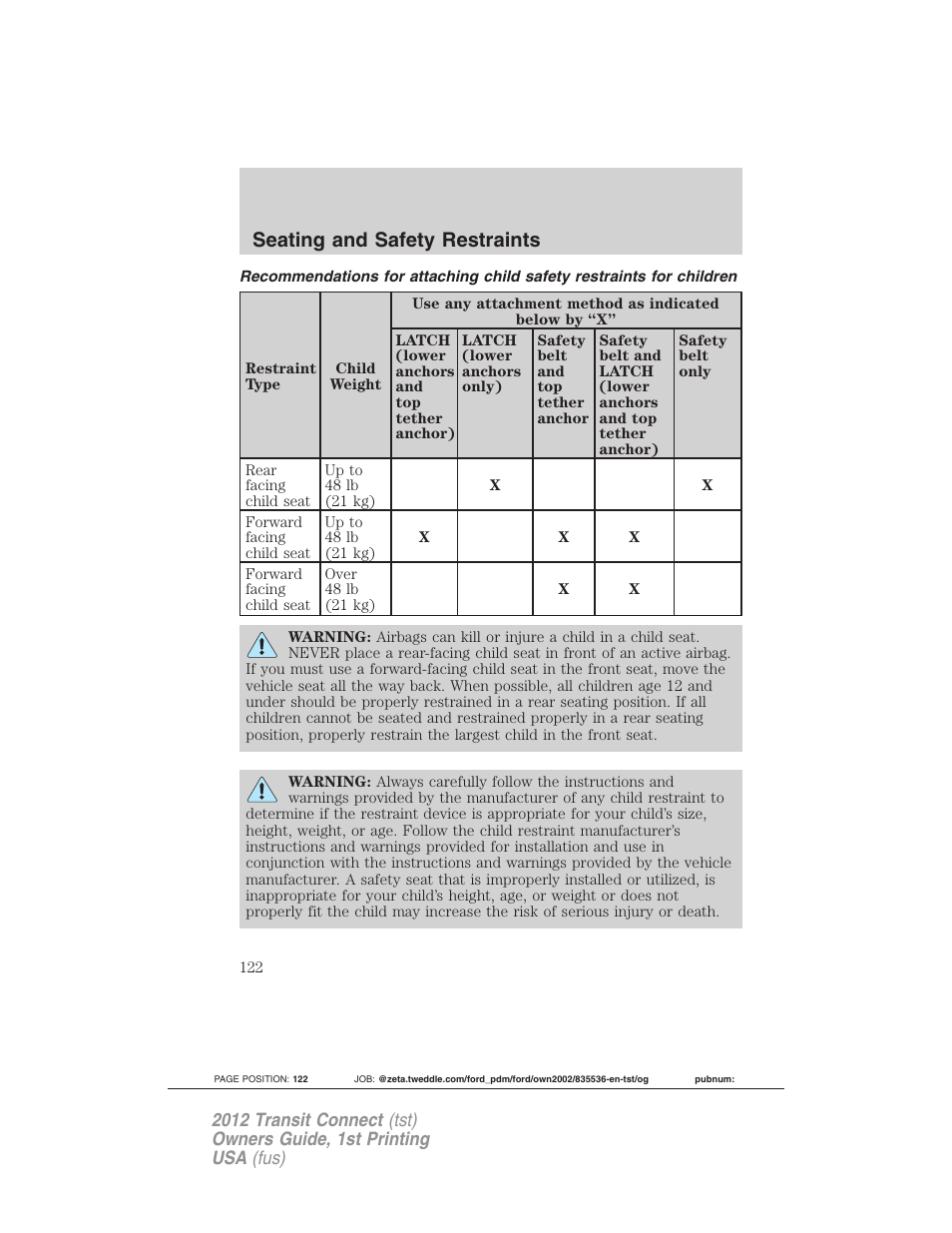 Seating and safety restraints | FORD 2012 Transit Connect User Manual | Page 122 / 299