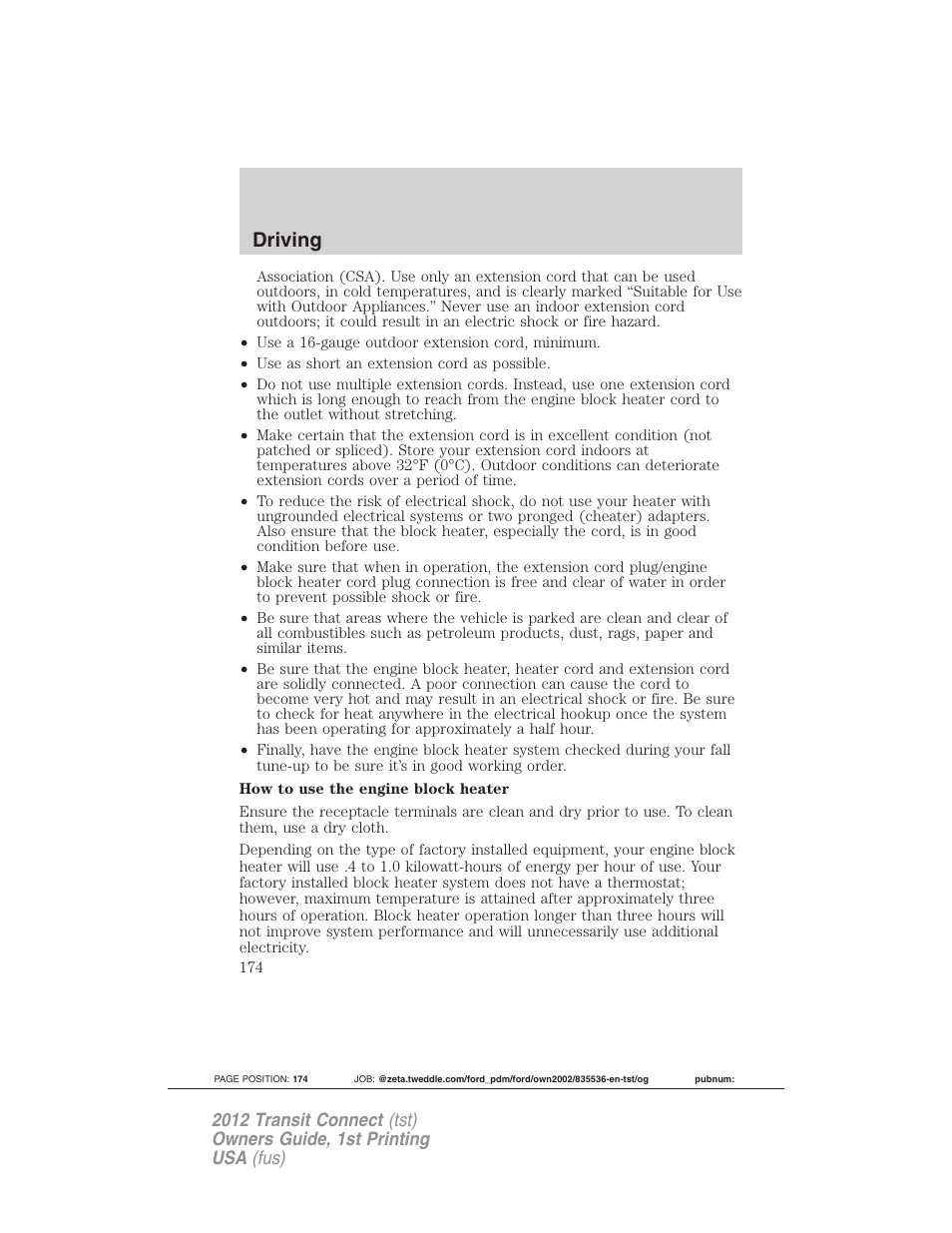 Driving | FORD 2012 Transit Connect User Manual | Page 174 / 299
