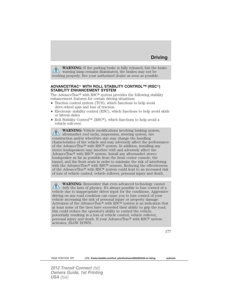 Advancetrac, Driving | FORD 2012 Transit Connect User Manual | Page 177 / 299