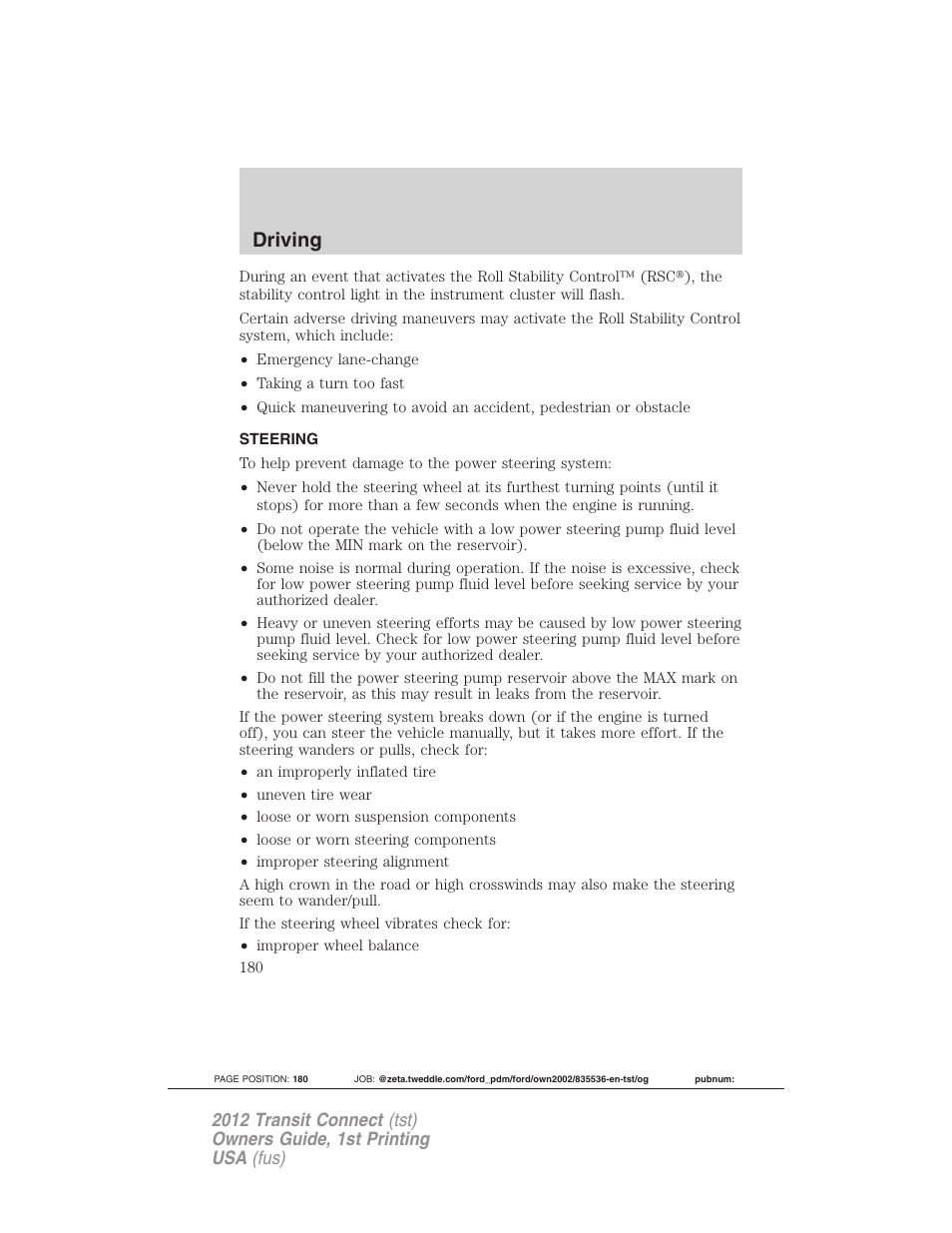 Steering, Driving | FORD 2012 Transit Connect User Manual | Page 180 / 299